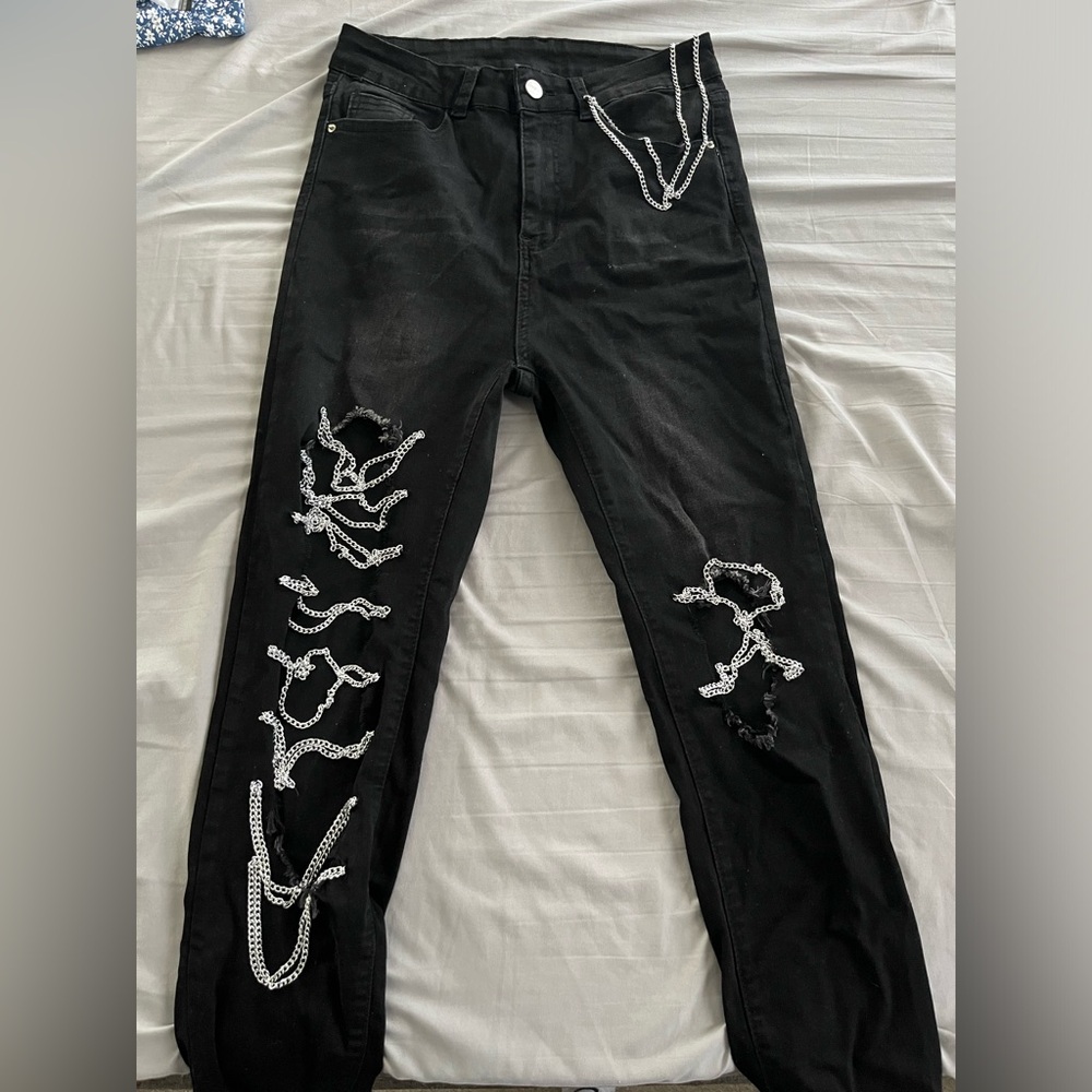 Black Distressed Chain Jeans